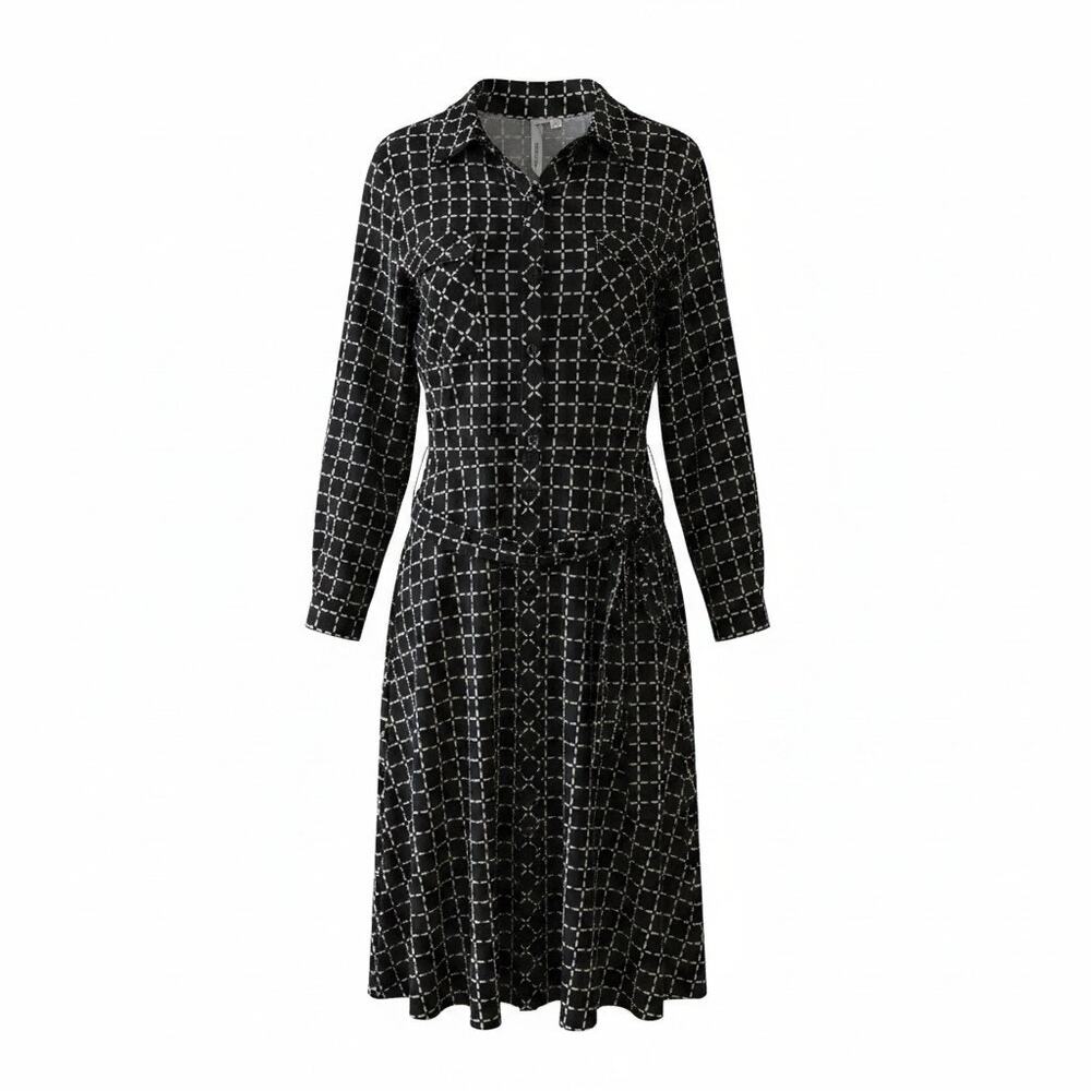 NY Collection Petite Belted Roll Tab Zip Front Shirtdress Black Windowpane